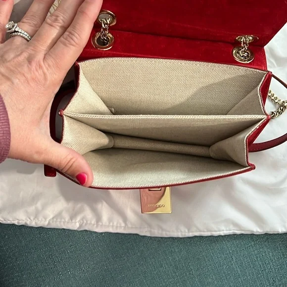 Jimmy Choo Red Suede Chain Shoulder Bag Crossbody with Box & Dust Bag EUC - Picture 6 of 13